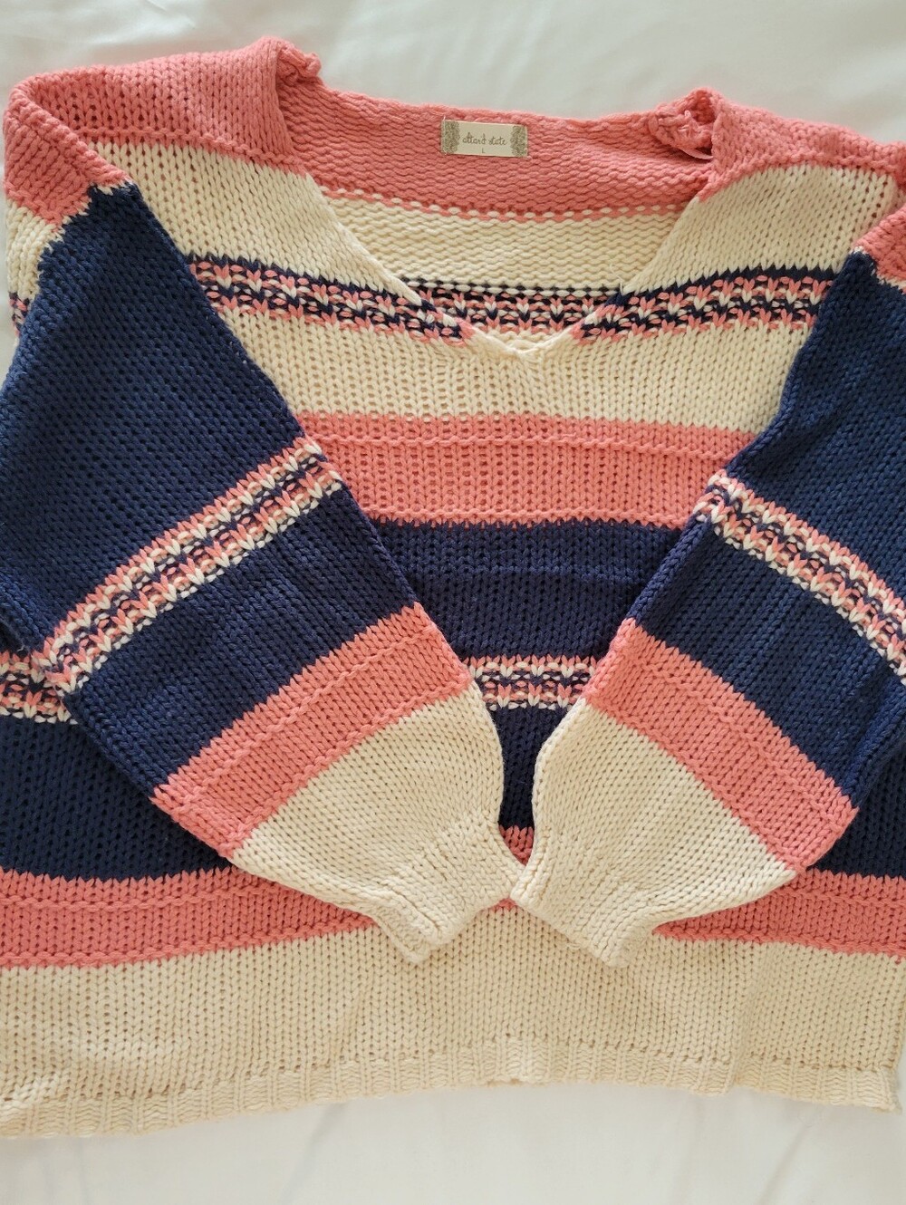 Altr'd State Striped V-Neck Sweater in Navy, Pink & Cream - Soft Knit